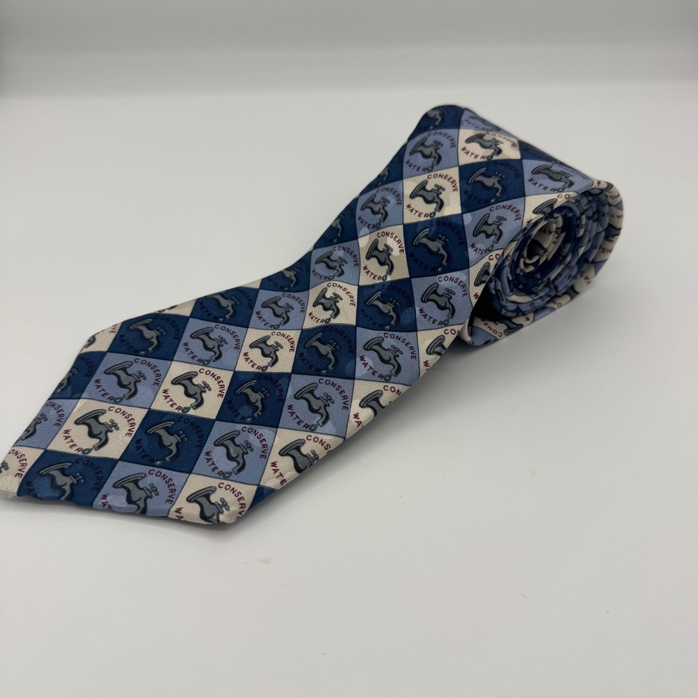 Endangered Species Mens Conserve Water Silk Tie Blue Checkerboard Faucet Graphic